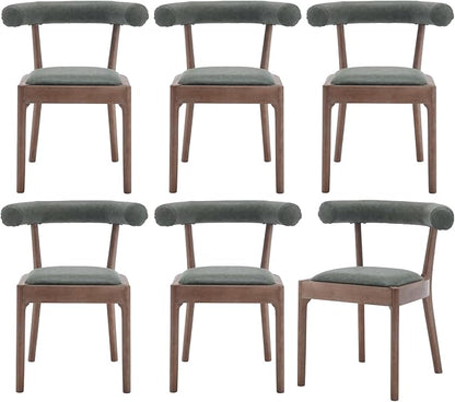 Wood Dining Chairs Set of 6, Mid Century Modern Living Room Chairs with Unique Curved Open Back Comfy Upholstered Side Chair for Kitchen/Restaurant/Reception, Faux Leather Green
