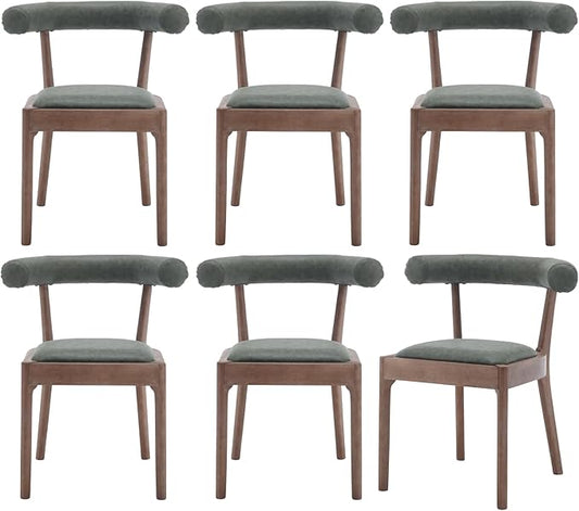 Wood Dining Chairs Set of 6, Mid Century Modern Living Room Chairs with Unique Curved Open Back Comfy Upholstered Side Chair for Kitchen/Restaurant/Reception, Faux Leather Green