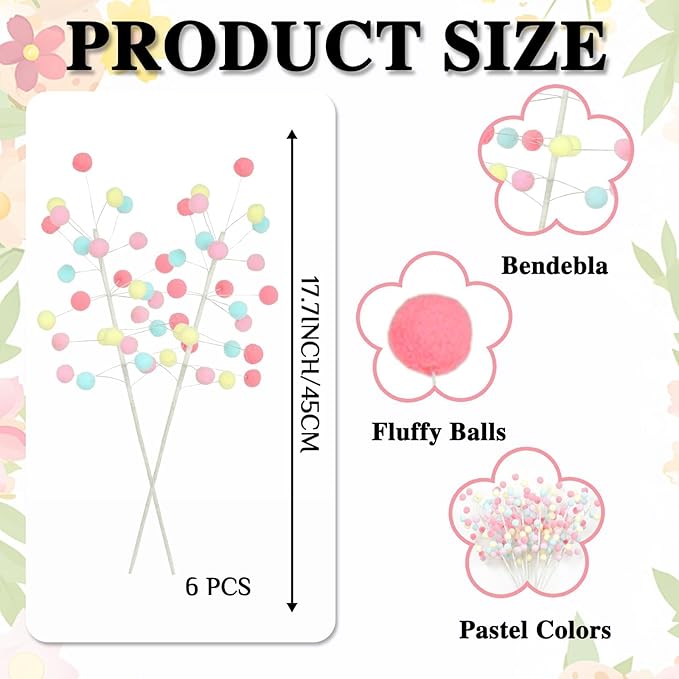 6 Pcs Pastel Pom Poms Christmas Decorations & Felt Christmas Picks and Sprays DIY Xmas Tree Toppers, Easter Deocrantions Festive Tree Filler & Easter Decor (Pastel Colors)