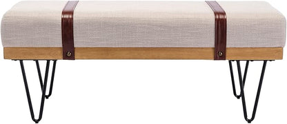 DUOMAY Industrial Modern Linen Rectangle Ottoman Bench with PU Strap and Metal Legs, Mid Century Dining Table Bench Footstool Entryway Shoe Bench for Bedroom Dining Room Living Room, Beige
