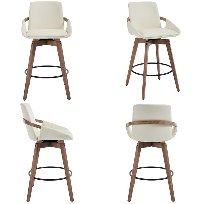 Mid-Century Swivel Bar Stools Set of 2, 26.5 inch Counter Height Barstools PU Leather Bar Chairs with Wooden Frame for Kitchen Island Dining Room, Beige