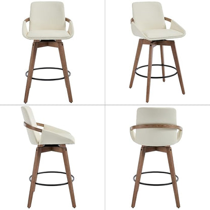 Mid-Century Swivel Bar Stools Set of 2, 26.5 inch Counter Height Barstools PU Leather Bar Chairs with Wooden Frame for Kitchen Island Dining Room, Beige