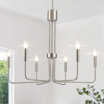 6 Lights Brushed Nickel Chandeliers for Dining Room - Modern Farmhouse Chandelier for Entryway Foyer Rustic Industrial - Dining Light Fixture High Ceiling for Bedroom Kitchen Vintage Silver