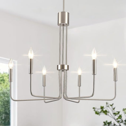 6 Lights Brushed Nickel Chandeliers for Dining Room - Modern Farmhouse Chandelier for Entryway Foyer Rustic Industrial - Dining Light Fixture High Ceiling for Bedroom Kitchen Vintage Silver