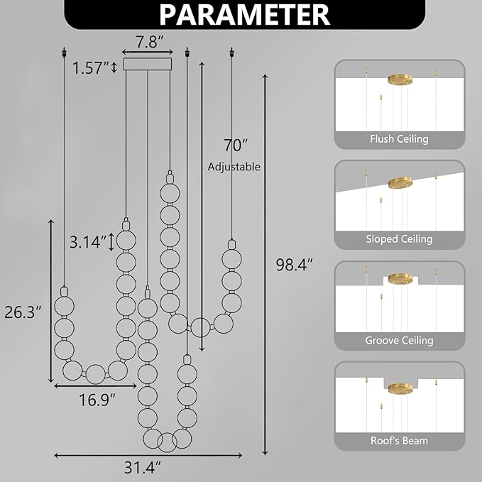 Modern Chandeliers LED Dimmable Light Acrylic Balls Ceiling Pendant Lighting for Living Room Dining Room Bedroom Adjustable Hanging Lights 70 Watts, Antique Gold Lamp
