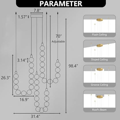 Modern Chandeliers LED Dimmable Light Acrylic Balls Ceiling Pendant Lighting for Living Room Dining Room Bedroom Adjustable Hanging Lights 70 Watts, Antique Gold Lamp