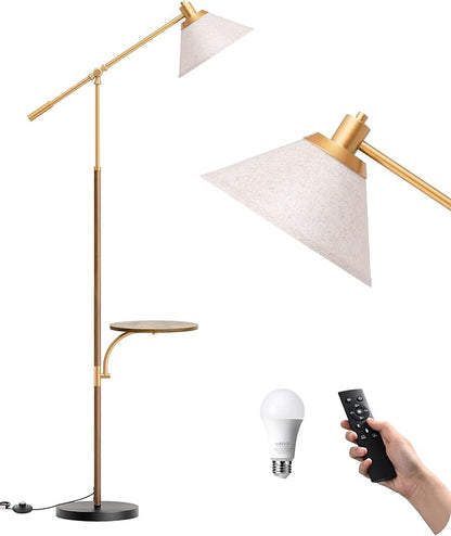 EDISHINE 68" Arc Floor Lamp with Table, Vintage Standing Lamp for Living Room Tall Reading Lamp, Beige Shade, Adjustable Arm, Remote Dimmable Bulb Included, for Bedroom Office, Wood Grain