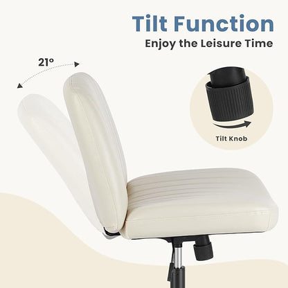 DUMOS Desk Chair No Wheels, Criss Cross Chair Wide Cross Legged Desk Vanity Chair, PU Leather Armless Adjustable Swivel Chairs for Home Computer Task Beige
