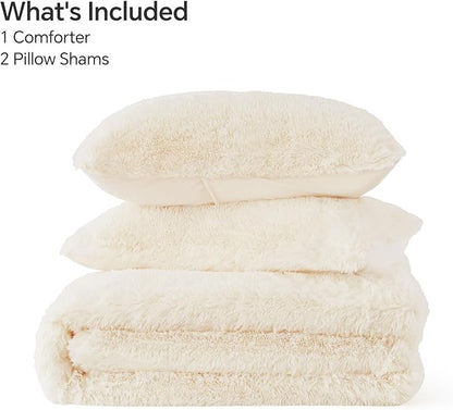 BEDELITE White Fluffy Comforter Set Queen Size, Fuzzy Faux Fur Comforter Bedding Set, 3Pieces Soft Warm Shaggy Bed Set (1 Comforter & 2 Pillowcases) as Gifts for Women