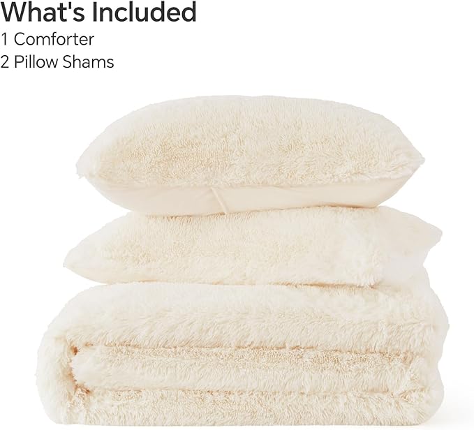 BEDELITE White Fluffy Comforter Set King Size, Fuzzy Faux Fur Comforter Bedding Set, 3Pieces Soft Warm Shaggy Bed Set (1 Comforter & 2 Pillowcases) as Gifts for Women