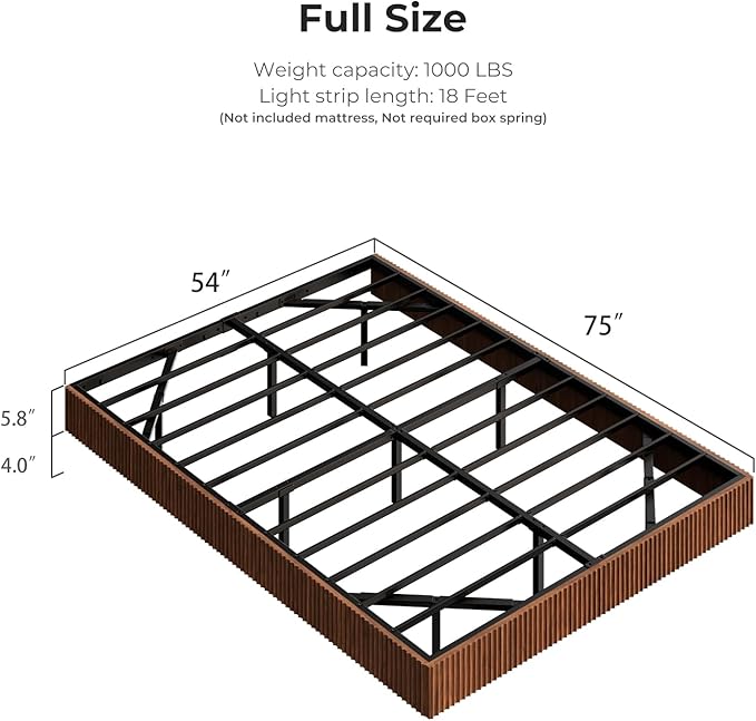 Evermagin Walnut Full Floating Bed Frame with led Lights, Mid Century Modern Fluted Floating Platform Bed No Headboard, Heavy Duty Metal Float Bedframe, No Box Spring Needed