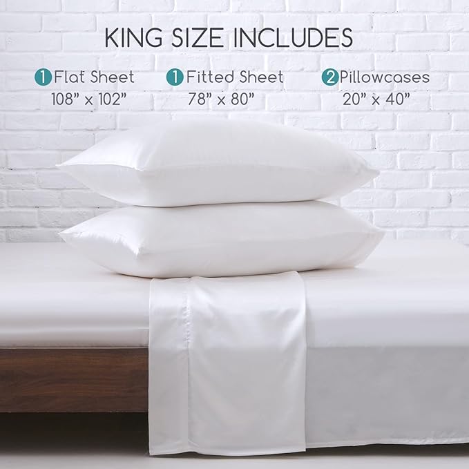 MR&HM Satin Bed Sheets, King Size Sheets Set, 4 Pcs Silky Bedding Set with 15 Inches Deep Pocket for Mattress (King, White)