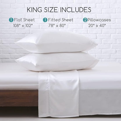 MR&HM Satin Bed Sheets, King Size Sheets Set, 4 Pcs Silky Bedding Set with 15 Inches Deep Pocket for Mattress (King, White)