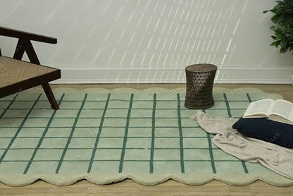 Mint Green Scalloped Edge Wool Area Rug with Checker Grid Design, Hand-Tufted Soft Carpet for Living Room, Bedroom, Nursery, Kids & Playroom Décor - 3x6 Ft