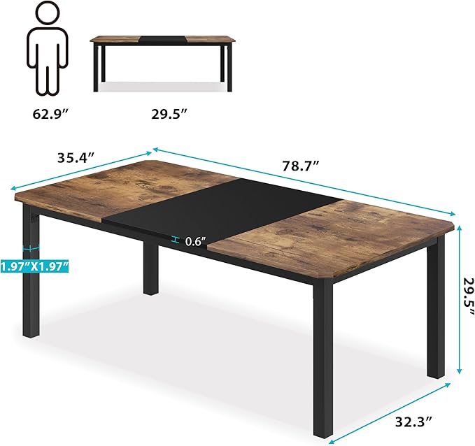 IDEALHOUSE 78.7" Long Rectangle Dining Table for 6-8 People, Industrial Wood Dinner Table - Black & Brown(Only Table)