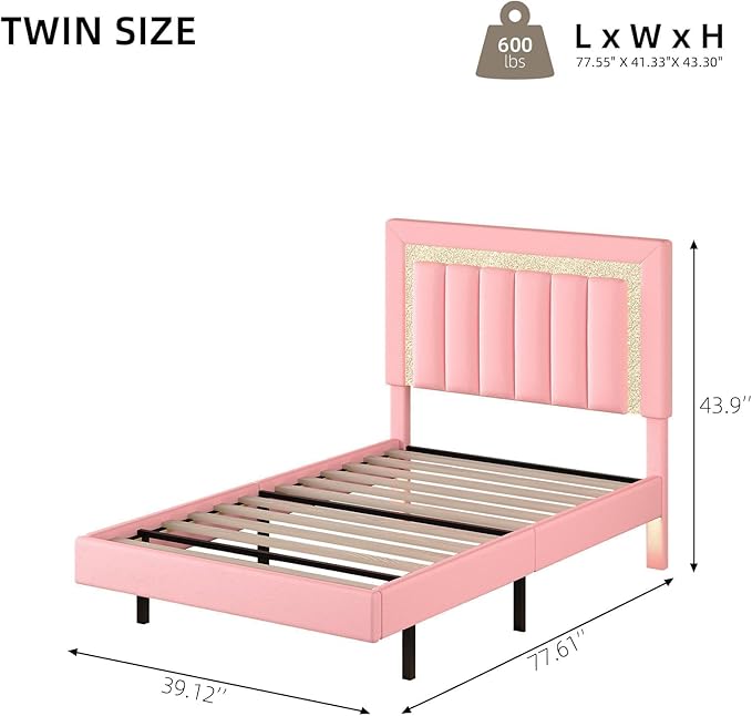 HOMBCK Floating Twin Bed Frame with Smart LED Lights, Faux Leather Upholstered Platform Bed with Diamond Headboard, No Box Spring Needed, Noise-Free, Easy Assembly, Pink