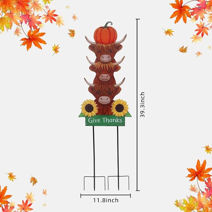 Thanksgiving Outdoor Decorations 39.3" with GIve Thanks Sign and Sunflowers, Large Highland Cow Fall Garden Stakes for Yard Lawn, and Autumn Harvest Decorations