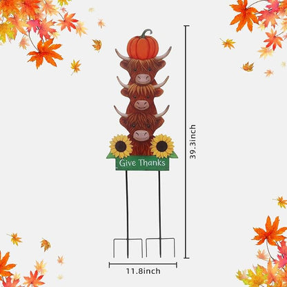 Thanksgiving Outdoor Decorations 39.3" with GIve Thanks Sign and Sunflowers, Large Highland Cow Fall Garden Stakes for Yard Lawn, and Autumn Harvest Decorations