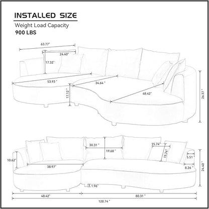 128.7'' Luxury Simple L Shape Curved Modular Sofa Modern Leather Sofa 5 Seater Fabric Eco Leather Sofa Full Grain Leather Sofas for Living Room Apartment Office (Leather+Left Facing, Orange)