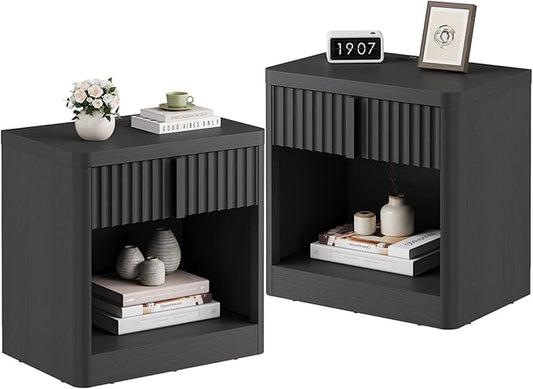 Fluted Nightstand Set of 2 with Charging Station, 23.6" Wood End Table with Solid Wood Handle, Curved Profile Design, Mid Century Moden Bedside Table for Bedroom, Black