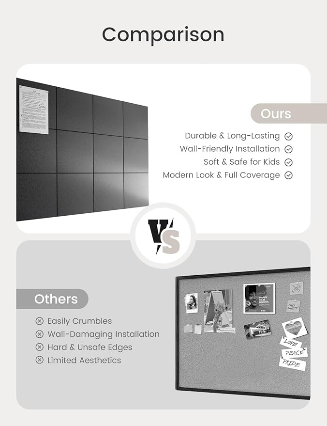 Bumusty Large Cork Board Alternative-47 x35 Felt Bulletin Board Tiles, with 30 Pushpins, 70 Adhesive Tabs, 12-Pack Slat Wall Paneling, Cork Boards for Office Push Pin Board Felt Board-Black