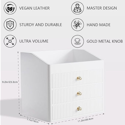 Office Accessories,Begie White Vegan Leather Office Supplies with 3 Drawers & Tray for Desk,Perfume Organizer with Gold-Tone Metal Accents Knob Bedroom