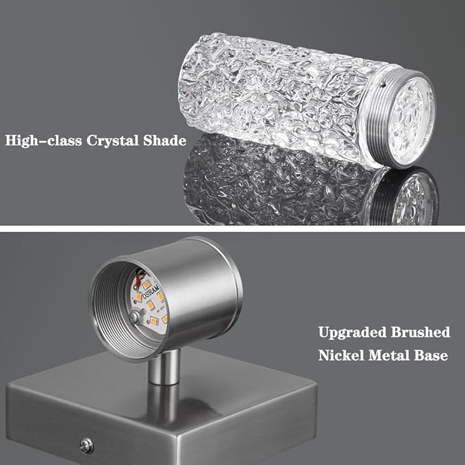 Brushed Nickel Wall Sconces Set of 2, LED Bathroom Vanity Light Fixtures, Hardwired Crystal Sconces Wall Lighting Over Mirror, LED Wall Mount Lights for Bedroom Hallway Indoor, 10W 3000K
