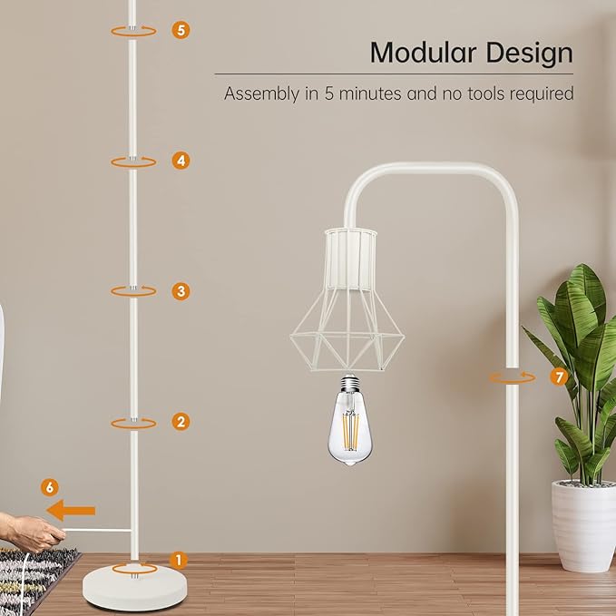 BoostArea White Floor Lamp, Industrial Floor Lamp, 6W Diamond Standing Lamp, E26 Socket, On/Off Footswitch, Whole Metal, Modern Small Simple Stand Up Lamp for Bedroom Living Room, Vintage, Mid Century