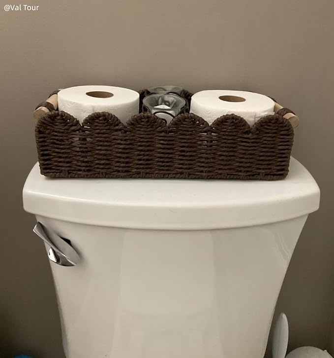 CubesLand Paper Rope Scalloped Edge Shelves Storage Basket, Woven Toilet Paper Baskets for Over Toilet Storage Shelf, Floating Shelves Organizing or Home Décor, with Wood Handle, Brown
