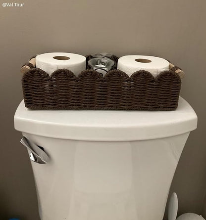 CubesLand Paper Rope Scalloped Edge Shelves Storage Basket, Woven Toilet Paper Baskets for Over Toilet Storage Shelf, Floating Shelves Organizing or Home Décor, with Wood Handle, Brown