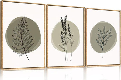 HOURIA Sage Green Leaves Framed Canvas Wall Art Set,Minimalism Boho Leaf Wall Decor, Modern Nature Botanical Wall Painting,Mid Century Plant Art Prints for Living Room,Bedroom,Farmhouse-24 x36 x3