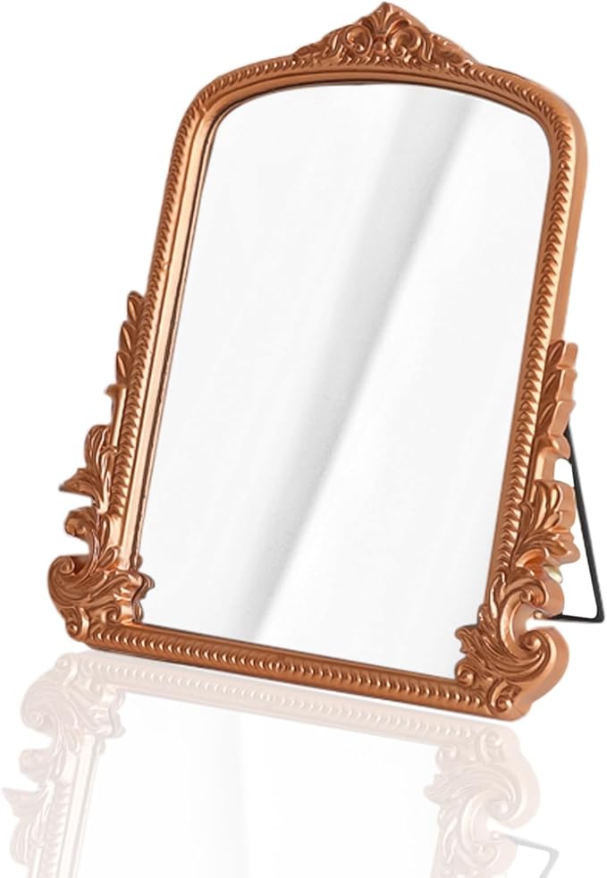 Rose Gold Makeup Mirror, Small Standing Vanity Mirror Decorative Ornate Arched Desk Mirror with Carved Wood Frame, for Bedrooms,Living Rooms Table Top and Salon 11.8" x 9.6"