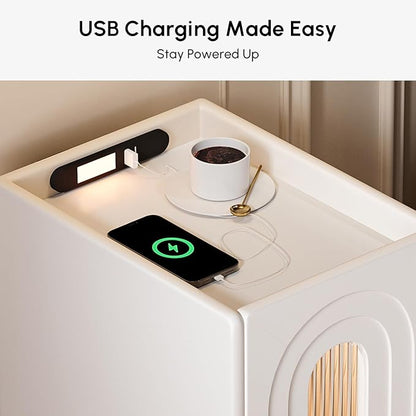 homary Modern Narrow White Nightstand with USB Port & Sensor Light, Smart Bedside Table with Charging Station for Bedrooms Living Rooms