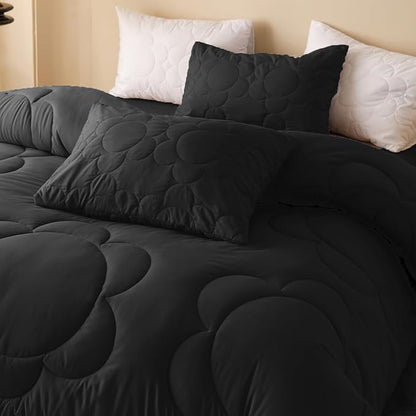 CLOTHKNOW Black Queen Comforter Set 3Pcs Daisy Puff Bedding Comforter Sets Boho Black Comforter Queen Soft Black Queen Size Comforter Sets