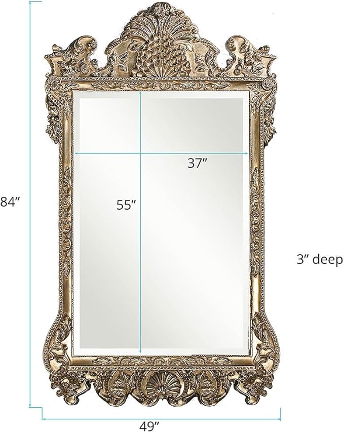 Howard Elliott Marquette Antique Oversized Full Length Mirror, Ornate Full Body Standing Floor Mirror, Large Leaning Wall Mirror for Bedroom & Living Room, Silver Leaf, 49" x 84" x 3" Inch