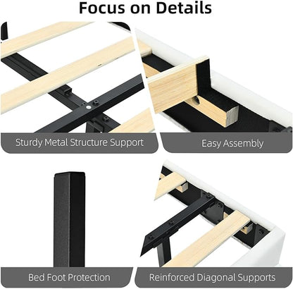 HOMBCK Floating Bed Frame Full with Smart LED Lights, Faux Leather Upholstered Platform Bed with Diamond PU Headboard, No Box Spring Needed, Noise-Free, Easy Assembly, White