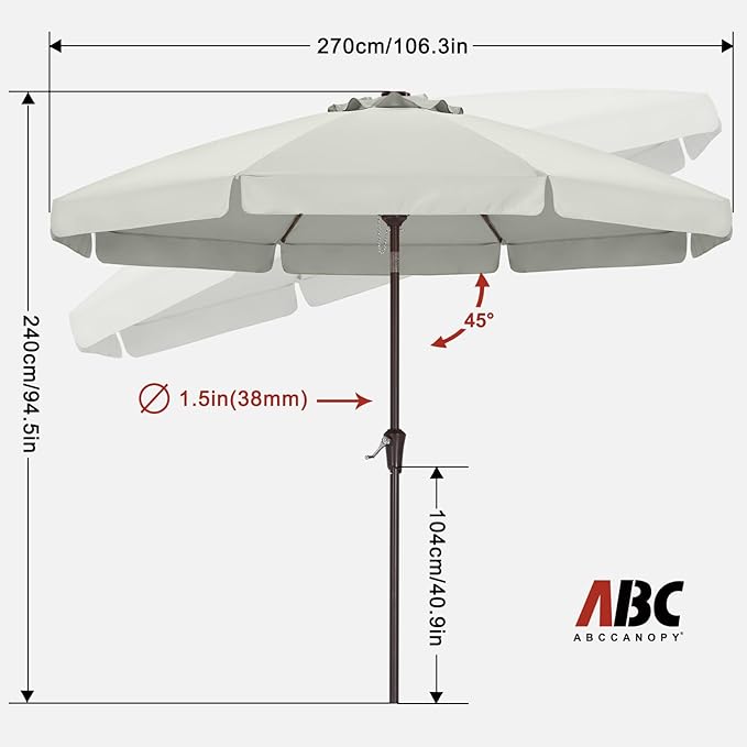 ABCCANOPY 9ft Scalloped Patio Umbrella, Outdoor Table Umbrella with Tilt and Crank, Fiberglass Ribs Deck Umbrella for Patio, Pool, Garden, Picnic (Light Beige)
