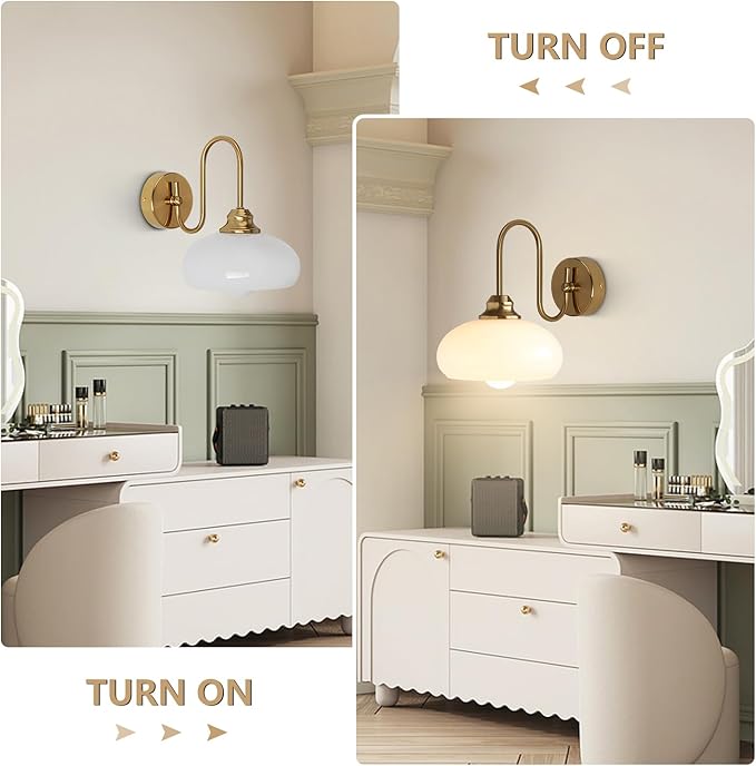 KCO Lighting 1-Light Vintage Bathroom Wall Sconces Gold Globe Wall Sconce Lighting Brushed Brass Bedroom Wall Lighting Milk Glass Wall Light Industrial Wall Lamp for Hallway Porch