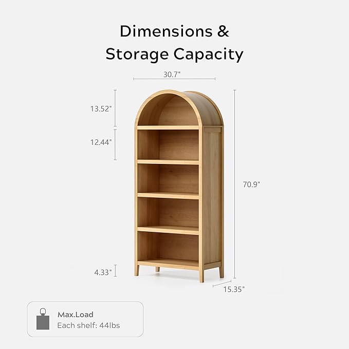 5 Tier Arched Bookshelf Set of 2, 71" Tall Bookcase with Adjustable Shelves Wood Storage Cabinet Freestanding Display Kitchen Pantry for Living Room Bedroom Home Office, Natural Oak