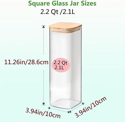 2.2 Qt Square Glass Storage Containers with Lids, Clear Food Storage Container Jar with Sealing Bamboo Lid Storage Containers for Pasta, Oats, Coffee, Flour, Sugar, Square Set-3Pack