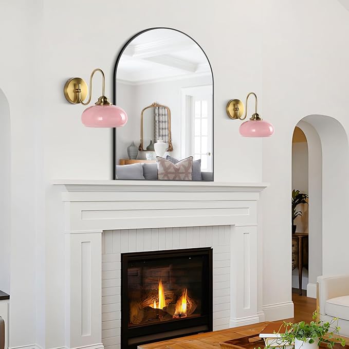 KCO Lighting Nordic Pink Glass Globe Wall Sconce Light Mid Century Modern Gold Wall Light Brushed Brass Wall Sconce Lamp Bedroom Wall Sconces Hardwired Indoor Sconce Wall Lighting