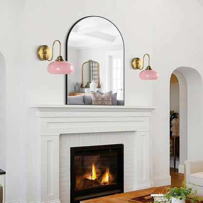 KCO Lighting Nordic Pink Glass Globe Wall Sconce Light Mid Century Modern Gold Wall Light Brushed Brass Wall Sconce Lamp Bedroom Wall Sconces Hardwired Indoor Sconce Wall Lighting