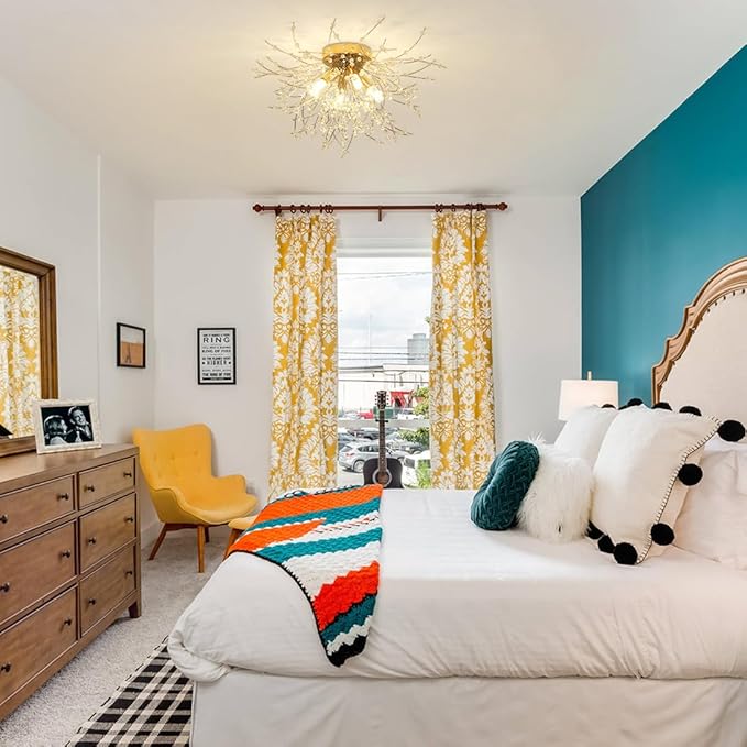 HMVPL Gold Crystal Flush Mount Ceiling Light, 4-Light Brass Mini Chandelier Light Fixture,Modern Sputnik Ceiling Light,Golden Light Fixture for Hallway Kitchen Foyer Nursery Closet Bedroom Dining Room