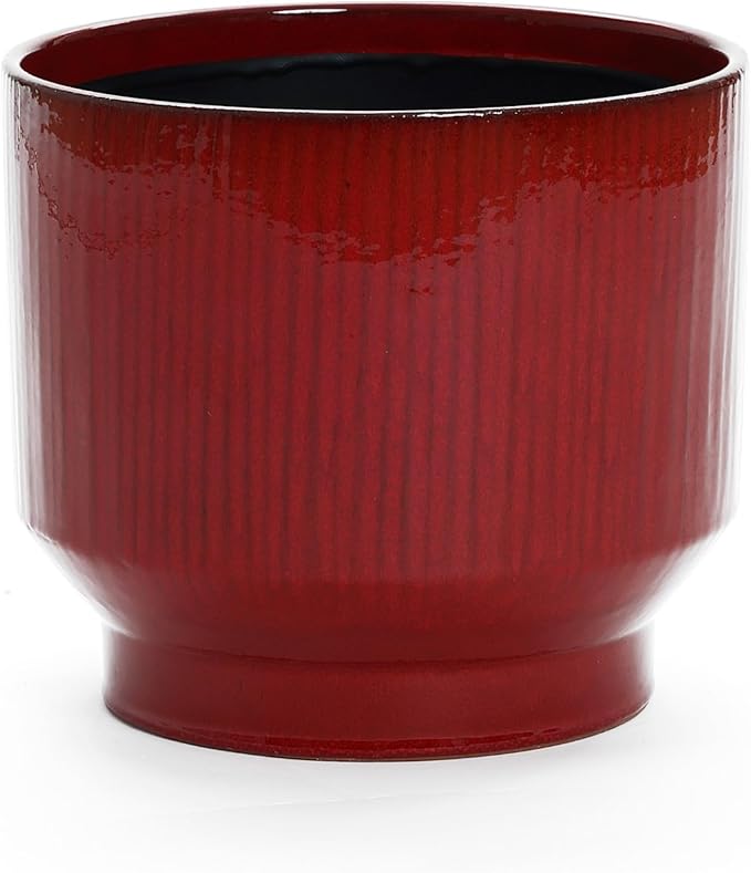 LuxenHome 11" Dia Ceramic Planters, Large Outdoor Indoor Plant Pots with Drainage Holes and Rubber Plug, Modern Red Glazed Round Flower Pot Planters for Home Garden Patio or Office
