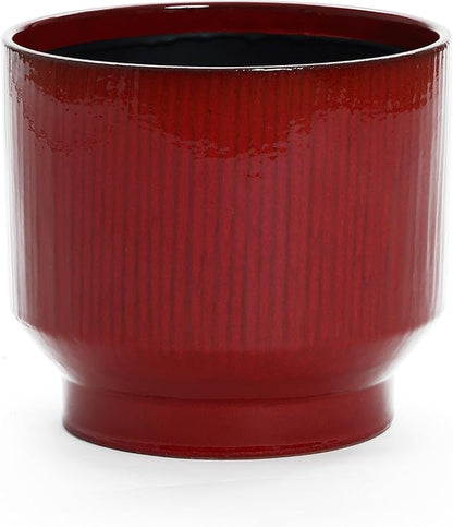 LuxenHome 11" Dia Ceramic Planters, Large Outdoor Indoor Plant Pots with Drainage Holes and Rubber Plug, Modern Red Glazed Round Flower Pot Planters for Home Garden Patio or Office