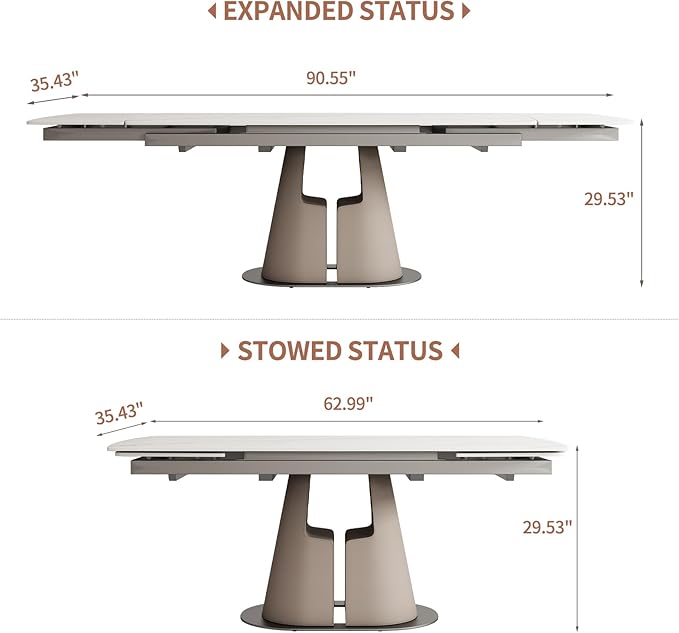 Modern Dining Table, Seats 8-10, Extendable Sintered Stone Dining Table, White Top, Saddle Leather Pedestal Table, 90 in.