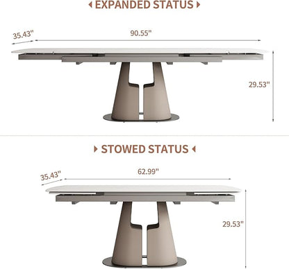 Modern Dining Table, Seats 8-10, Extendable Sintered Stone Dining Table, White Top, Saddle Leather Pedestal Table, 90 in.