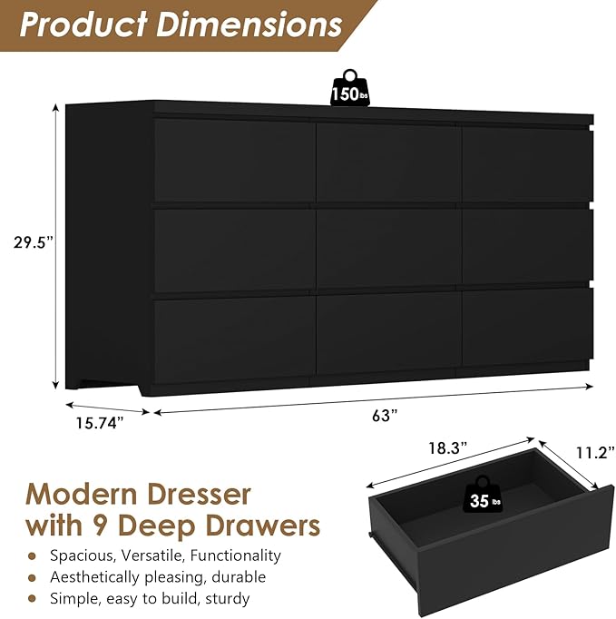 Dresser for Bedroom,9 Storage Drawers,63'' Modern Dresser with Metal Handle,TV Stand for 65 inch,Storage Organizer Furniture,Hallway,Entryway,Closet(Black)