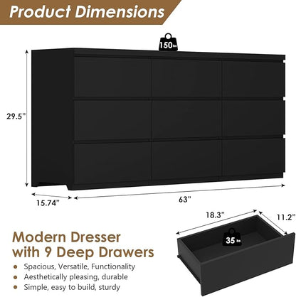 Dresser for Bedroom,9 Storage Drawers,63'' Modern Dresser with Metal Handle,TV Stand for 65 inch,Storage Organizer Furniture,Hallway,Entryway,Closet(Black)