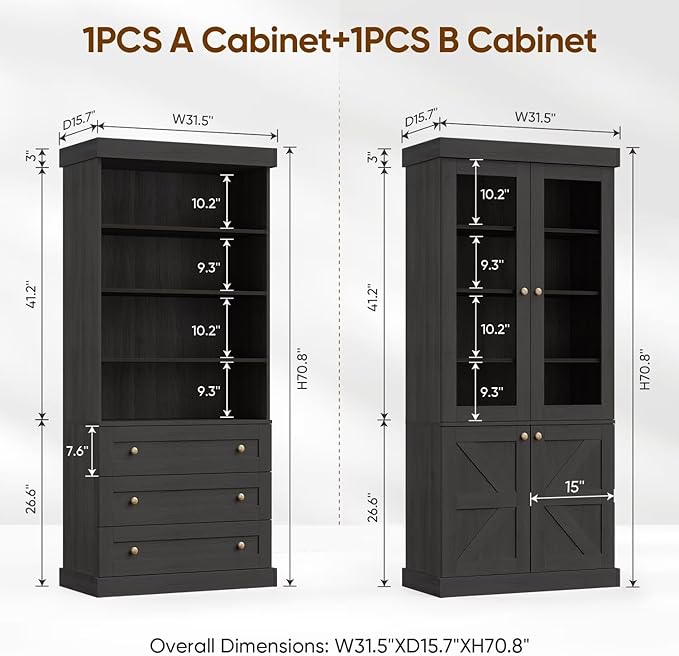 Vyre 71" Tall Farmhouse Bookshelves with Glass Doors and Drawers, Set of 3 – Large Modular Bookcase with Adjustable Shelves, Storage Cabinet for Living Room, Kitchen, Black